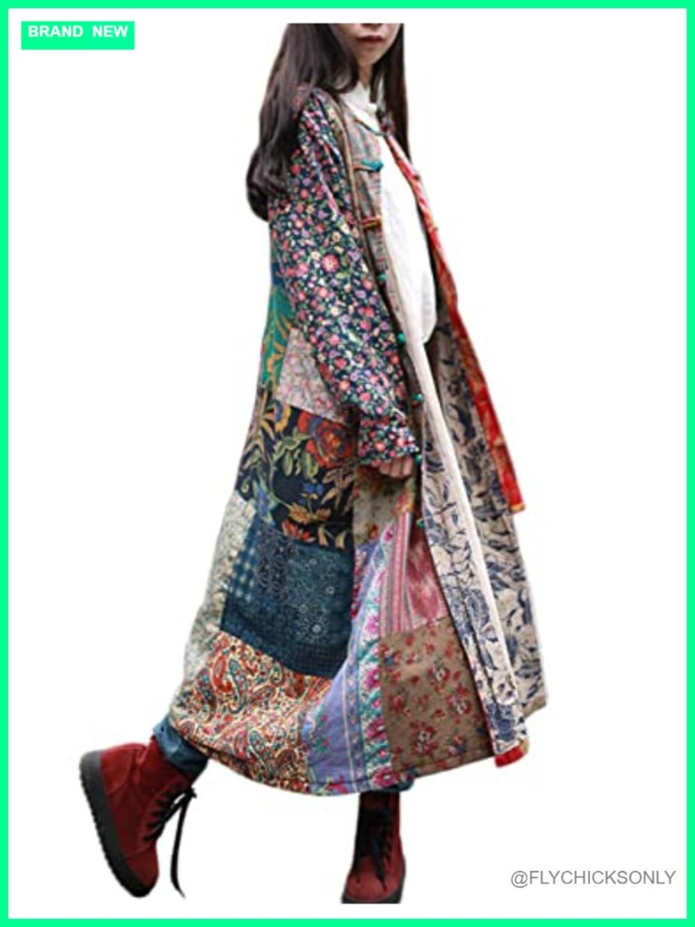 Women Patchwork Trench Coat Long Cotton Linen Floral Jacket Loose Fit Duster